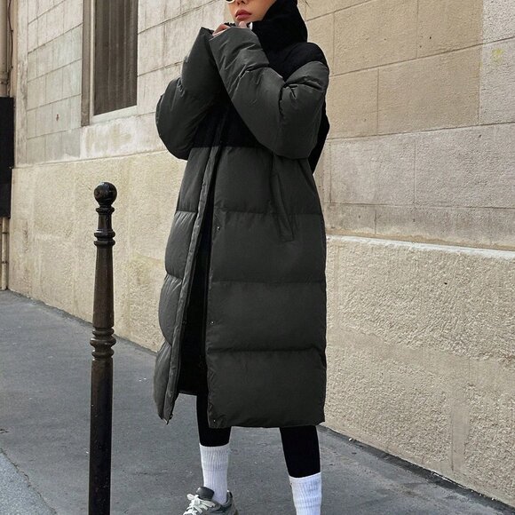 Dark Grey Casual Women's Color Block Hooded Padded Coat - Picture 3 of 5